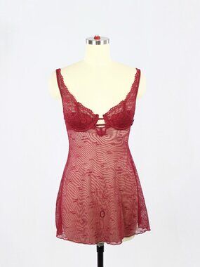 Vintage SILK & SATIN Maroon Red Mesh Lace Babydoll Negligee Slip Dress, Size S
